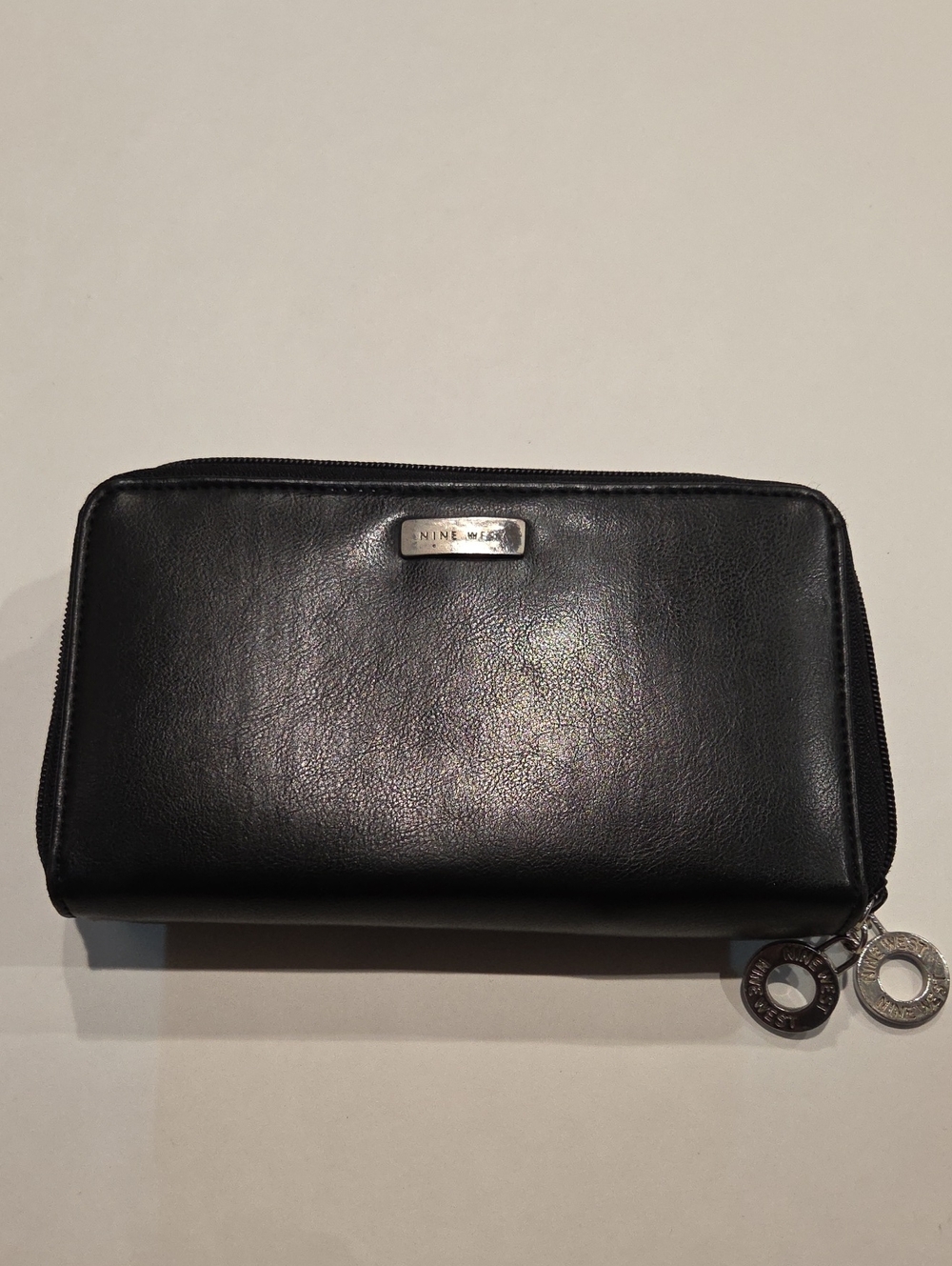 Nine West Black Leather Zip Wallet with Silver Accents, Two Compartments